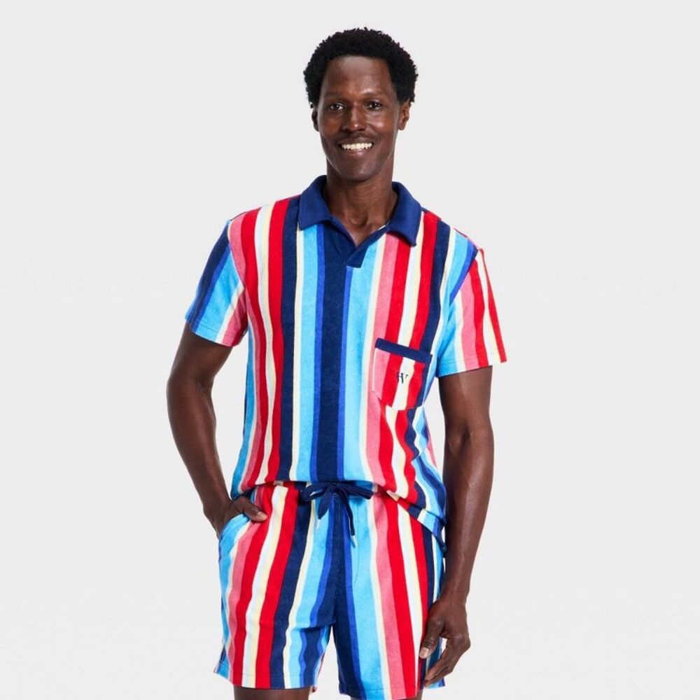 Houston White Men's Striped Terry Short Sleeve Pullover Shirt - Blue/Red XXL
